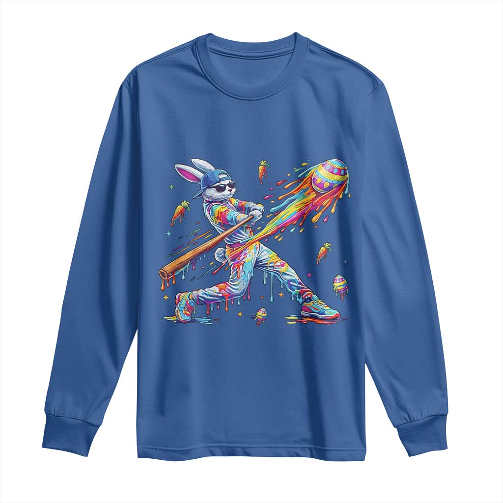 Cool Easter Bunny Baseball Player Neon Paint Splash Graphic Long Sleeve Shirt Funny Rabbit Sports with Egg Bat Hit Gift TS02 Royal Blue Print Your Wear