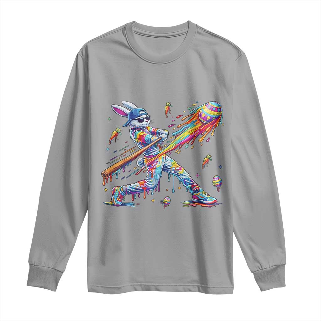 Cool Easter Bunny Baseball Player Neon Paint Splash Graphic Long Sleeve Shirt Funny Rabbit Sports with Egg Bat Hit Gift TS02 Sport Gray Print Your Wear