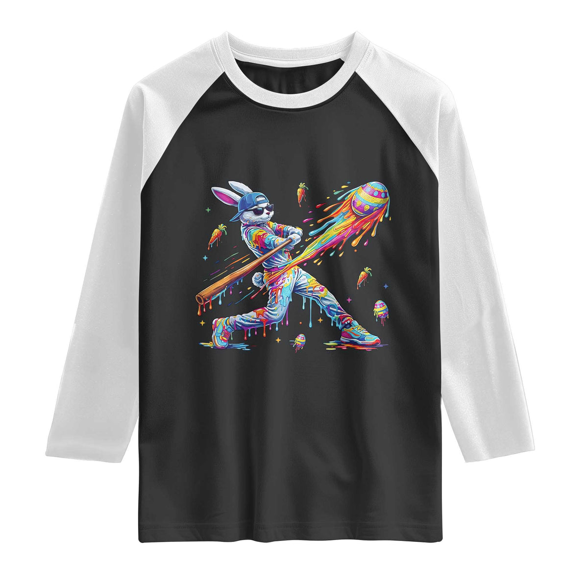 Cool Easter Bunny Baseball Player Neon Paint Splash Graphic Raglan Shirt Funny Rabbit Sports with Egg Bat Hit Gift TS02 Black White Print Your Wear