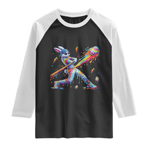 Cool Easter Bunny Baseball Player Neon Paint Splash Graphic Raglan Shirt Funny Rabbit Sports with Egg Bat Hit Gift TS02 Black White Print Your Wear