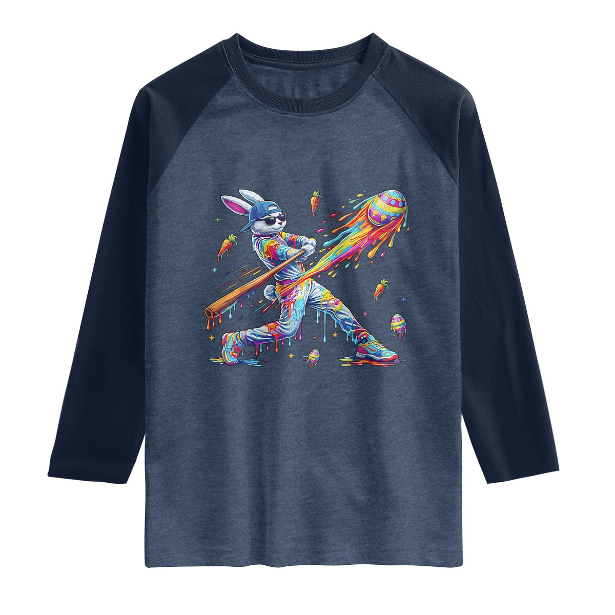 Cool Easter Bunny Baseball Player Neon Paint Splash Graphic Raglan Shirt Funny Rabbit Sports with Egg Bat Hit Gift TS02 Heather Denim Navy Print Your Wear