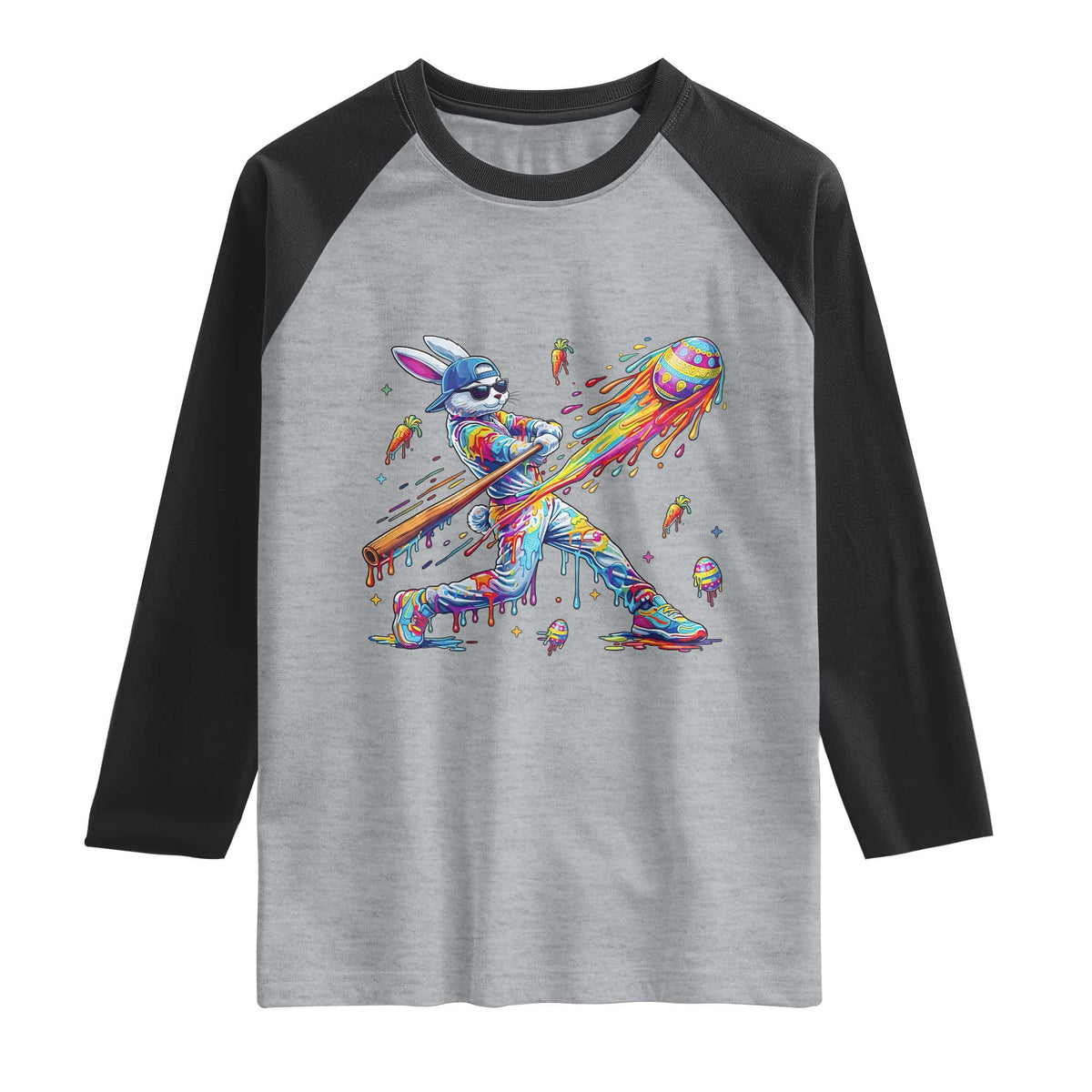 Cool Easter Bunny Baseball Player Neon Paint Splash Graphic Raglan Shirt Funny Rabbit Sports with Egg Bat Hit Gift TS02 Heather Gray Black Print Your Wear