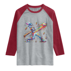 Cool Easter Bunny Baseball Player Neon Paint Splash Graphic Raglan Shirt Funny Rabbit Sports with Egg Bat Hit Gift TS02 Heather Gray Heather Red Print Your Wear