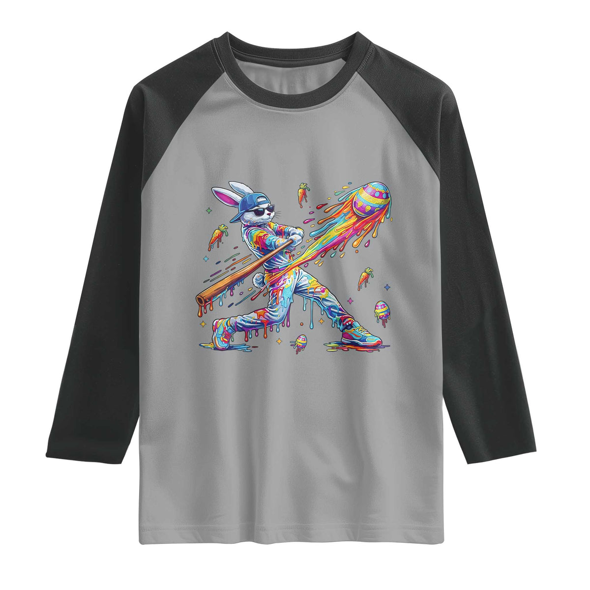 Cool Easter Bunny Baseball Player Neon Paint Splash Graphic Raglan Shirt Funny Rabbit Sports with Egg Bat Hit Gift TS02 Sport Gray Black Print Your Wear