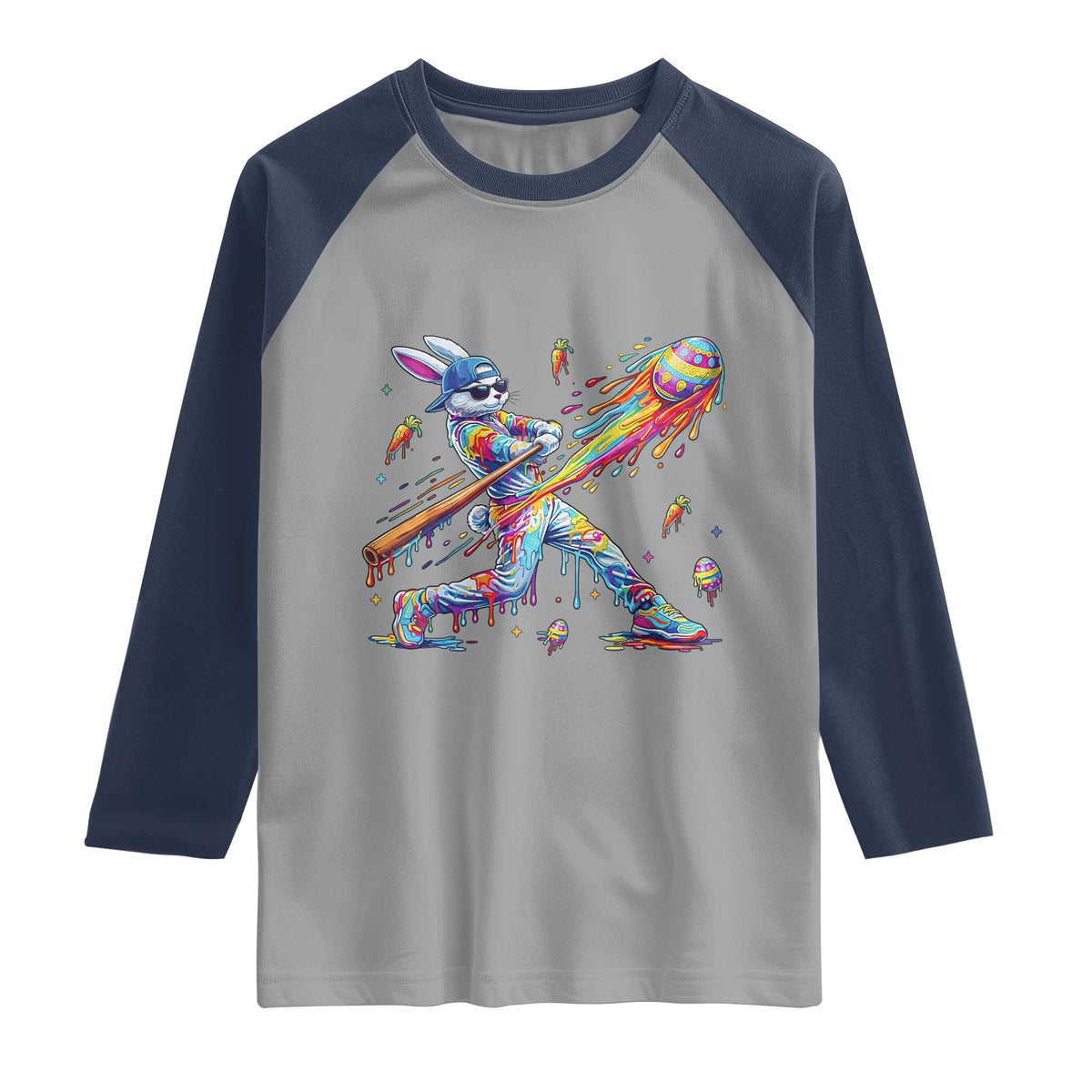 Cool Easter Bunny Baseball Player Neon Paint Splash Graphic Raglan Shirt Funny Rabbit Sports with Egg Bat Hit Gift TS02 Sport Gray Navy Print Your Wear