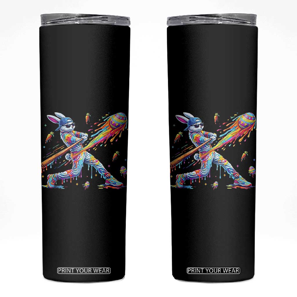 Cool Easter Bunny Baseball Player Neon Paint Splash Graphic Skinny Tumbler Funny Rabbit Sports with Egg Bat Hit Gift TS02 Black Print Your Wear