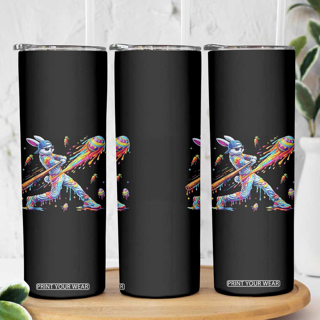 Cool Easter Bunny Baseball Player Neon Paint Splash Graphic Skinny Tumbler Funny Rabbit Sports with Egg Bat Hit Gift TS02 Print Your Wear