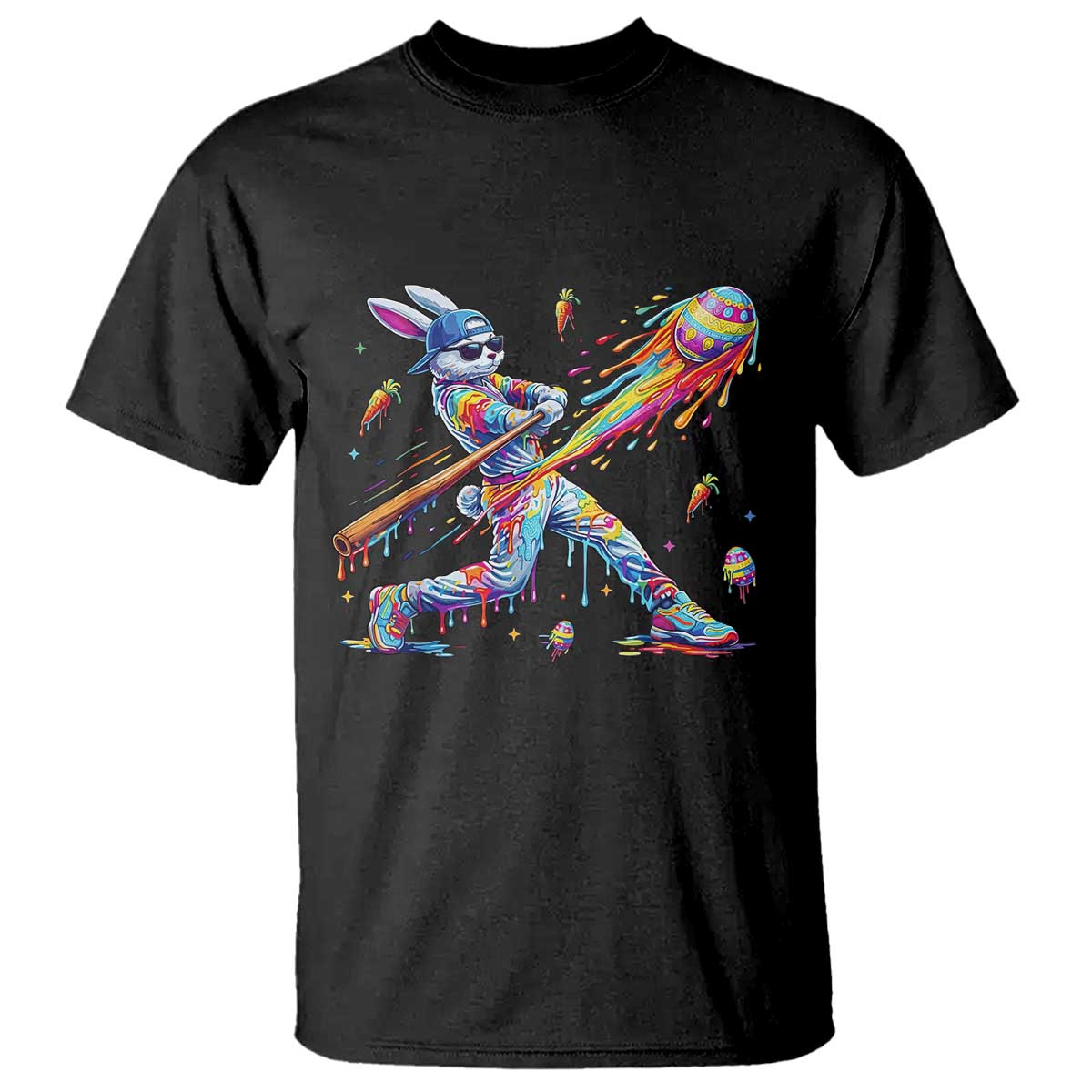 Cool Easter Bunny Baseball Player Neon Paint Splash Graphic T Shirt Funny Rabbit Sports with Egg Bat Hit Gift TS02 Black Print Your Wear