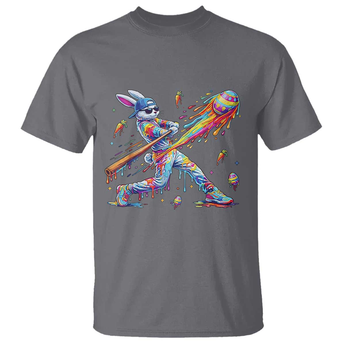Cool Easter Bunny Baseball Player Neon Paint Splash Graphic T Shirt Funny Rabbit Sports with Egg Bat Hit Gift TS02 Charcoal Print Your Wear