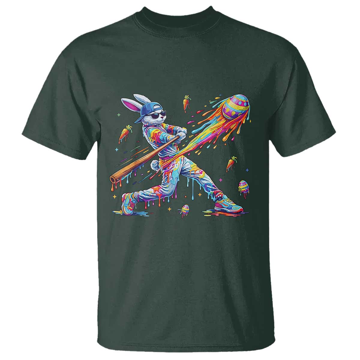 Cool Easter Bunny Baseball Player Neon Paint Splash Graphic T Shirt Funny Rabbit Sports with Egg Bat Hit Gift TS02 Dark Forest Green Print Your Wear