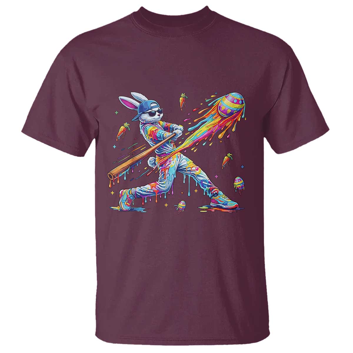 Cool Easter Bunny Baseball Player Neon Paint Splash Graphic T Shirt Funny Rabbit Sports with Egg Bat Hit Gift TS02 Maroon Print Your Wear