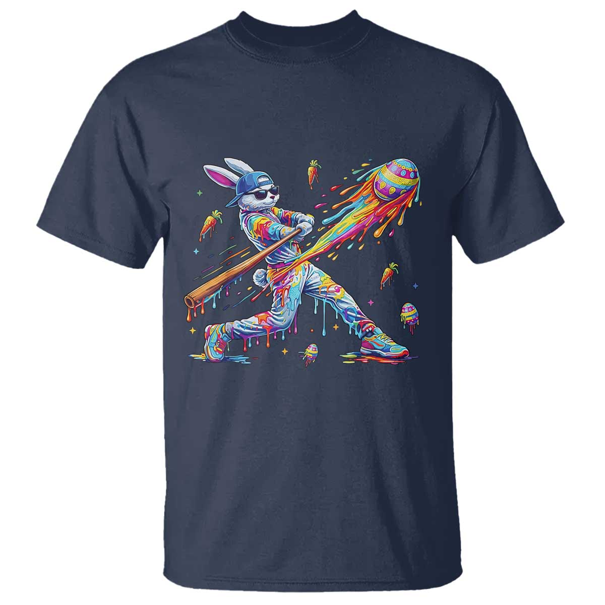 Cool Easter Bunny Baseball Player Neon Paint Splash Graphic T Shirt Funny Rabbit Sports with Egg Bat Hit Gift TS02 Navy Print Your Wear