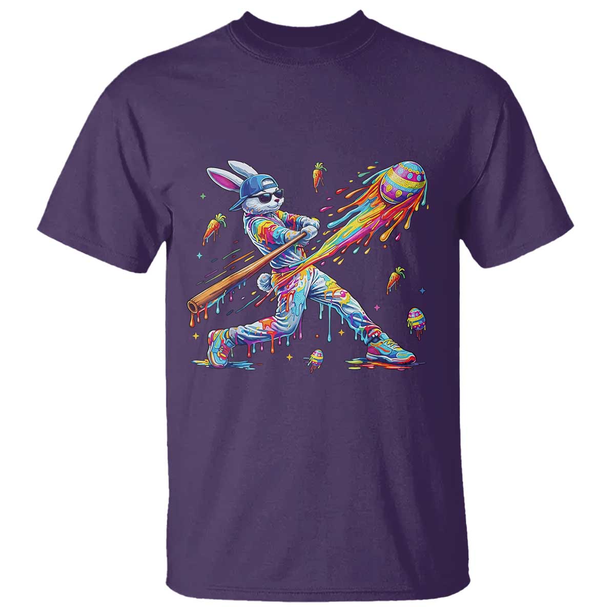 Cool Easter Bunny Baseball Player Neon Paint Splash Graphic T Shirt Funny Rabbit Sports with Egg Bat Hit Gift TS02 Purple Print Your Wear