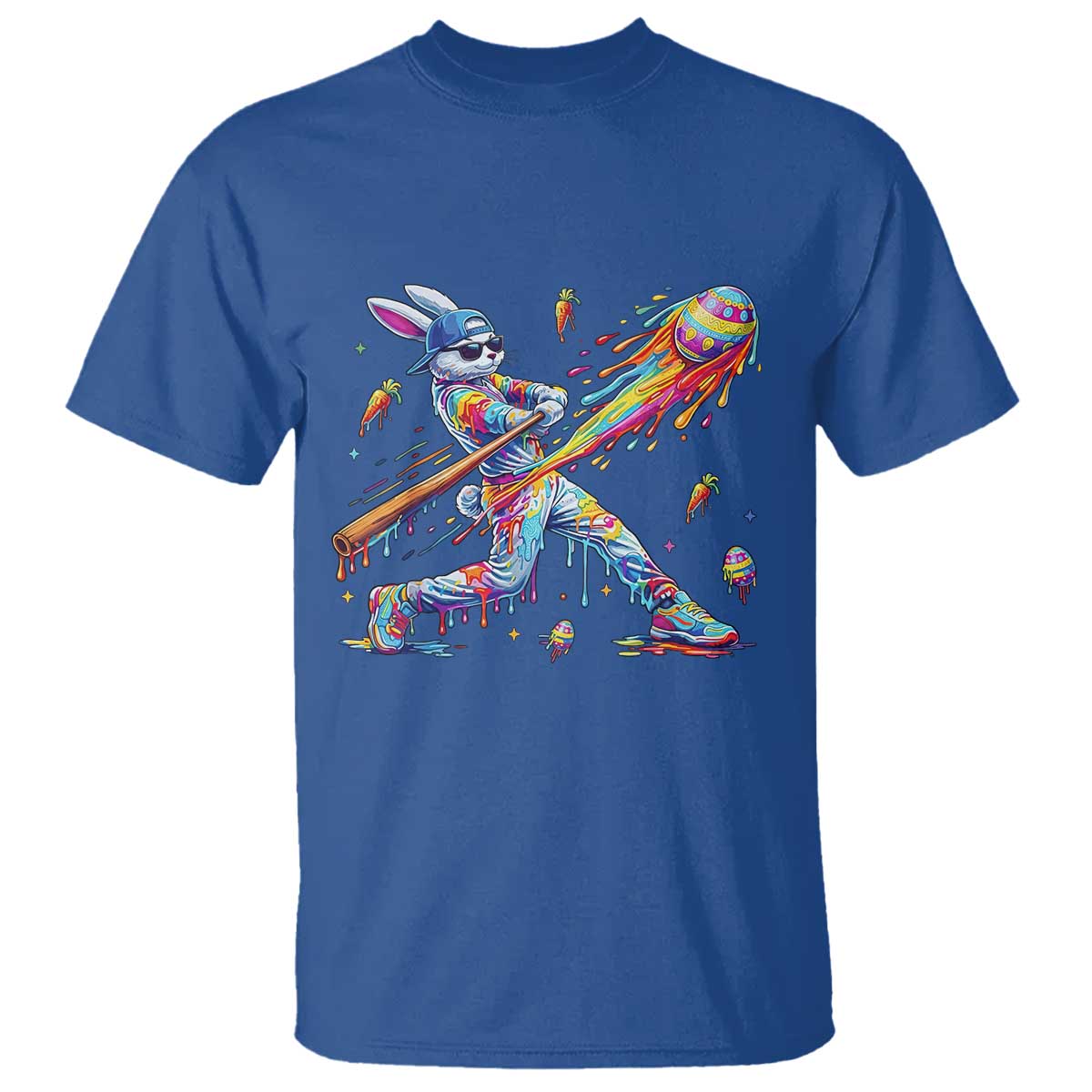 Cool Easter Bunny Baseball Player Neon Paint Splash Graphic T Shirt Funny Rabbit Sports with Egg Bat Hit Gift TS02 Royal Blue Print Your Wear