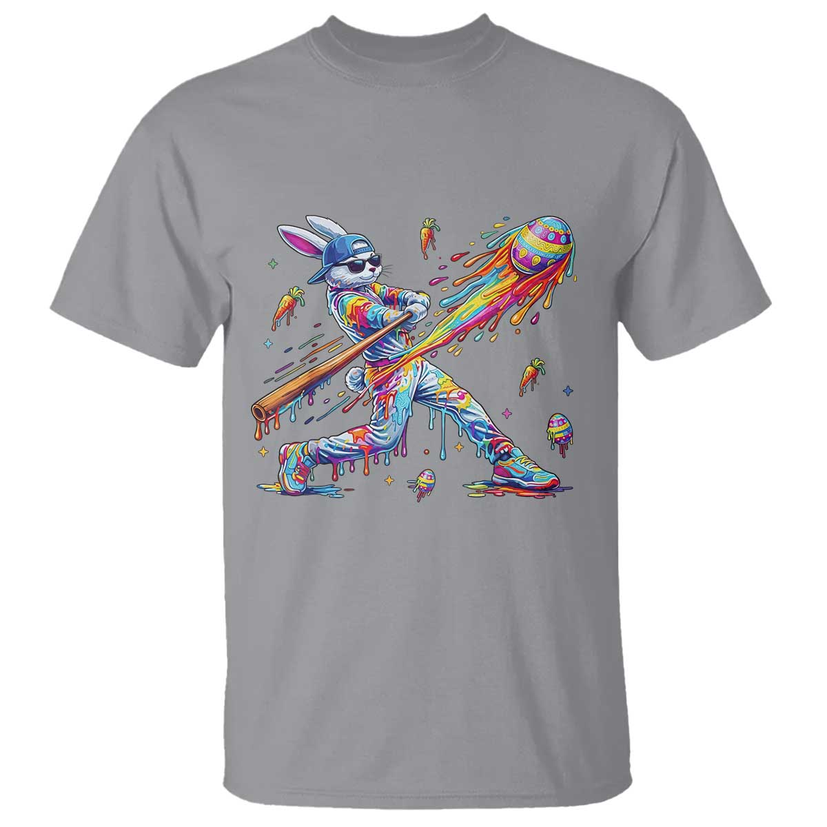 Cool Easter Bunny Baseball Player Neon Paint Splash Graphic T Shirt Funny Rabbit Sports with Egg Bat Hit Gift TS02 Sport Gray Print Your Wear