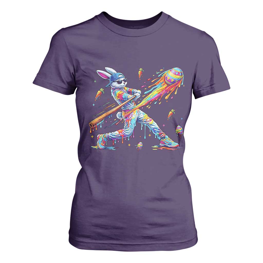 Cool Easter Bunny Baseball Player Neon Paint Splash Graphic T Shirt For Women Funny Rabbit Sports with Egg Bat Hit Gift TS02 Purple Print Your Wear