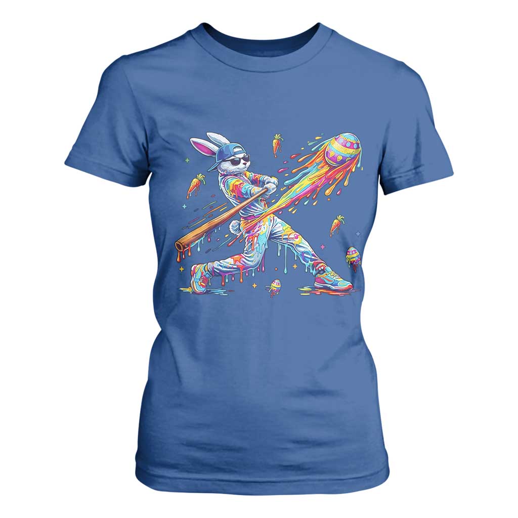 Cool Easter Bunny Baseball Player Neon Paint Splash Graphic T Shirt For Women Funny Rabbit Sports with Egg Bat Hit Gift TS02 Royal Blue Print Your Wear