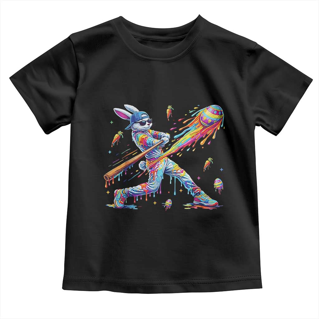 Cool Easter Bunny Baseball Player Neon Paint Splash Graphic Toddler T Shirt Funny Rabbit Sports with Egg Bat Hit Gift TS02 Black Print Your Wear