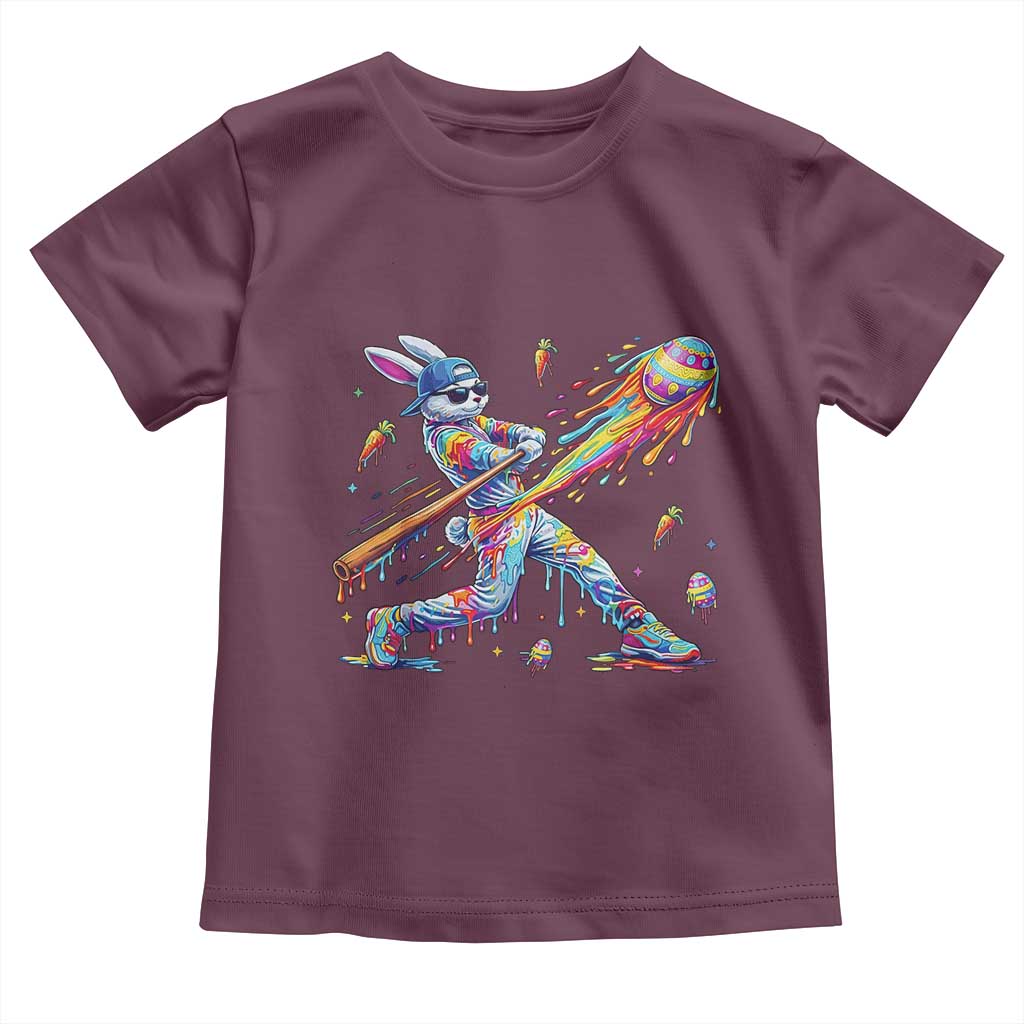 Cool Easter Bunny Baseball Player Neon Paint Splash Graphic Toddler T Shirt Funny Rabbit Sports with Egg Bat Hit Gift TS02 Maroon Print Your Wear