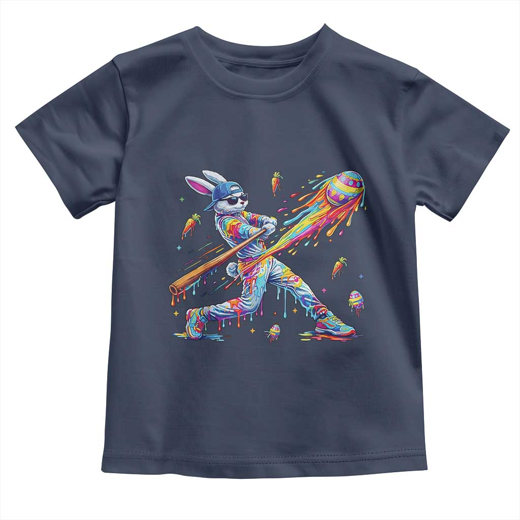 Cool Easter Bunny Baseball Player Neon Paint Splash Graphic Toddler T Shirt Funny Rabbit Sports with Egg Bat Hit Gift TS02 Navy Print Your Wear