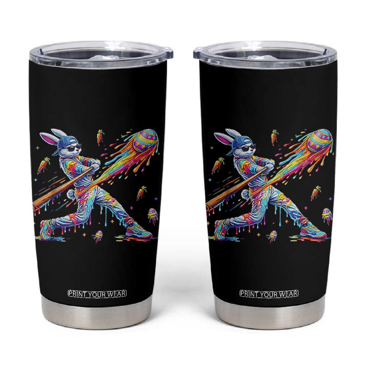 Cool Easter Bunny Baseball Player Neon Paint Splash Graphic Tumbler Cup Funny Rabbit Sports with Egg Bat Hit Gift TS02 Black Print Your Wear