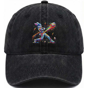 Cool Easter Bunny Baseball Player Neon Paint Splash Graphic Washed Cotton Baseball Cap Funny Rabbit Sports with Egg Bat Hit Gift TS02 Print Your Wear