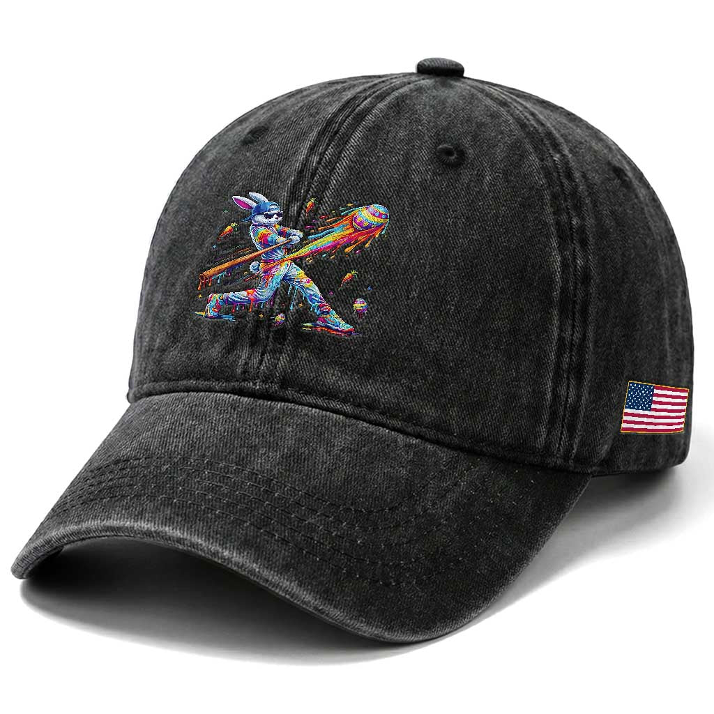 Cool Easter Bunny Baseball Player Neon Paint Splash Graphic Washed Cotton Baseball Cap Funny Rabbit Sports with Egg Bat Hit Gift TS02 Print Your Wear