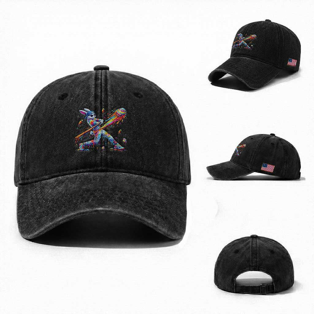 Cool Easter Bunny Baseball Player Neon Paint Splash Graphic Washed Cotton Baseball Cap Funny Rabbit Sports with Egg Bat Hit Gift TS02 Washed Cap Universal Fit Black Print Your Wear