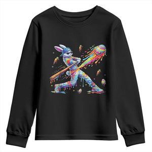 Cool Easter Bunny Baseball Player Neon Paint Splash Graphic Youth Sweatshirt Funny Rabbit Sports with Egg Bat Hit Gift TS02 Black Print Your Wear