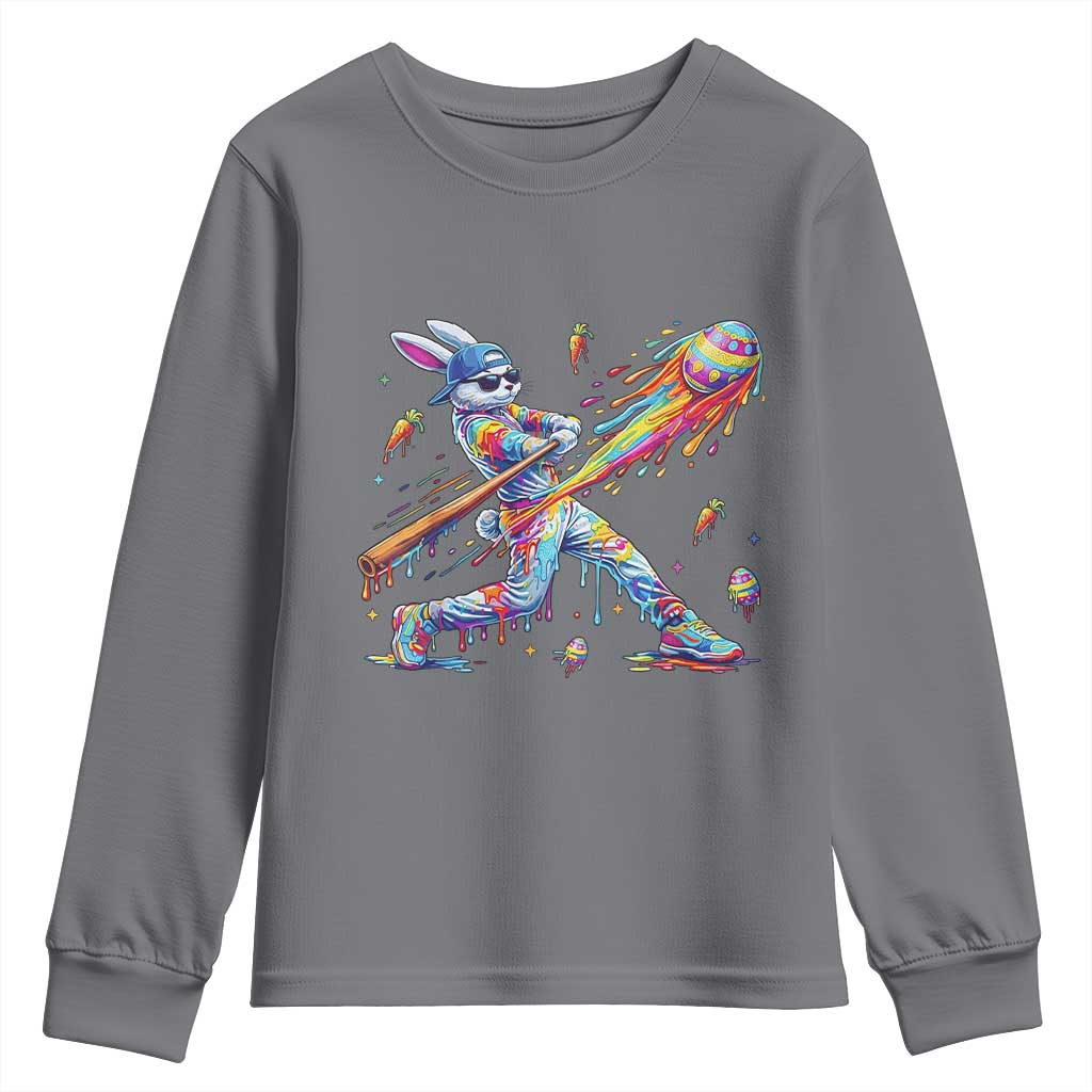 Cool Easter Bunny Baseball Player Neon Paint Splash Graphic Youth Sweatshirt Funny Rabbit Sports with Egg Bat Hit Gift TS02 Charcoal Print Your Wear
