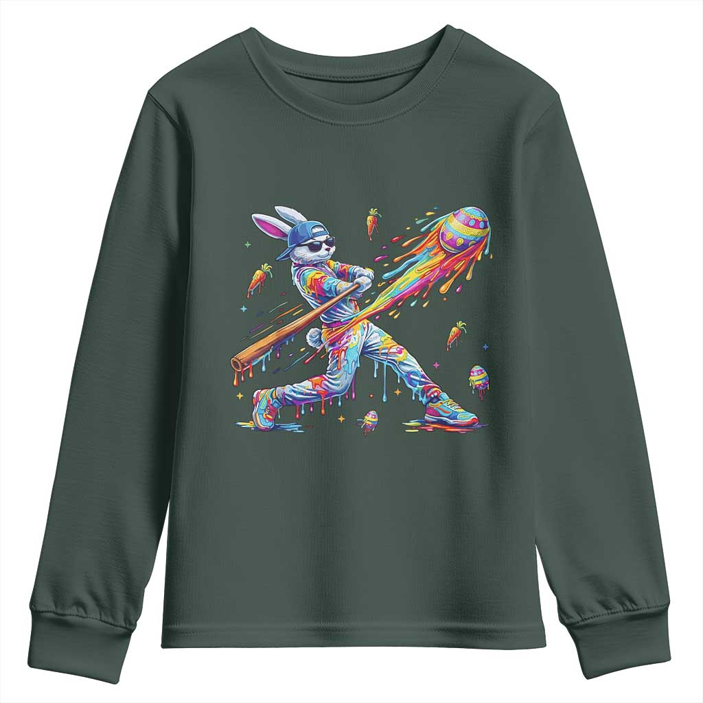 Cool Easter Bunny Baseball Player Neon Paint Splash Graphic Youth Sweatshirt Funny Rabbit Sports with Egg Bat Hit Gift TS02 Dark Forest Green Print Your Wear
