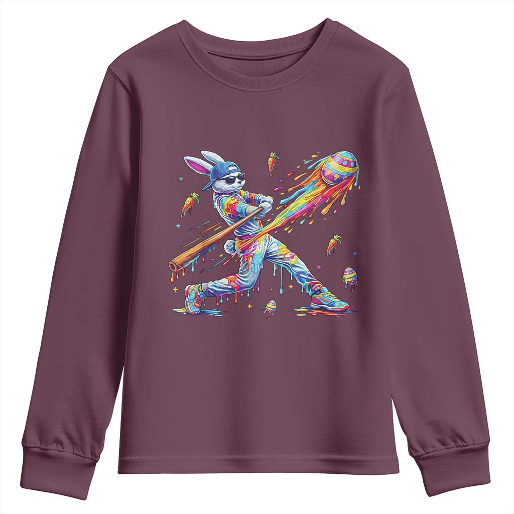 Cool Easter Bunny Baseball Player Neon Paint Splash Graphic Youth Sweatshirt Funny Rabbit Sports with Egg Bat Hit Gift TS02 Maroon Print Your Wear