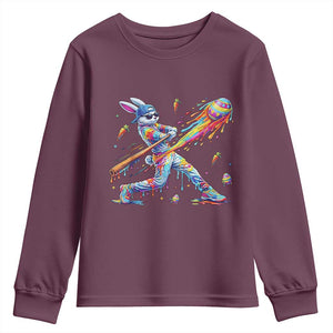 Cool Easter Bunny Baseball Player Neon Paint Splash Graphic Youth Sweatshirt Funny Rabbit Sports with Egg Bat Hit Gift TS02 Maroon Print Your Wear