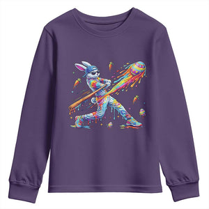 Cool Easter Bunny Baseball Player Neon Paint Splash Graphic Youth Sweatshirt Funny Rabbit Sports with Egg Bat Hit Gift TS02 Purple Print Your Wear
