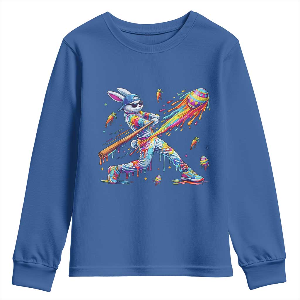Cool Easter Bunny Baseball Player Neon Paint Splash Graphic Youth Sweatshirt Funny Rabbit Sports with Egg Bat Hit Gift TS02 Royal Blue Print Your Wear