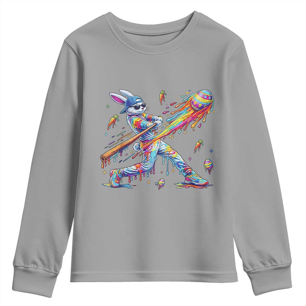 Cool Easter Bunny Baseball Player Neon Paint Splash Graphic Youth Sweatshirt Funny Rabbit Sports with Egg Bat Hit Gift TS02 Sport Gray Print Your Wear