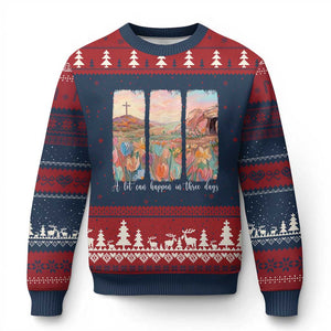 A Lot Can Happen In Three Days Christian Easter Ugly Christmas Sweater Empty Tomb Cross Landscape Faith Inspirational Gift TS02 Navy Red Print Your Wear