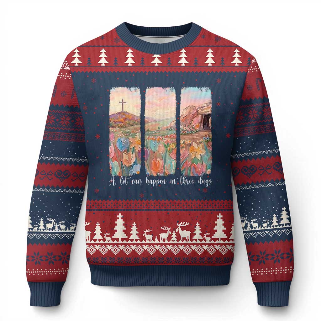 A Lot Can Happen In Three Days Christian Easter Ugly Christmas Sweater Empty Tomb Cross Landscape Faith Inspirational Gift TS02 Navy Red Print Your Wear