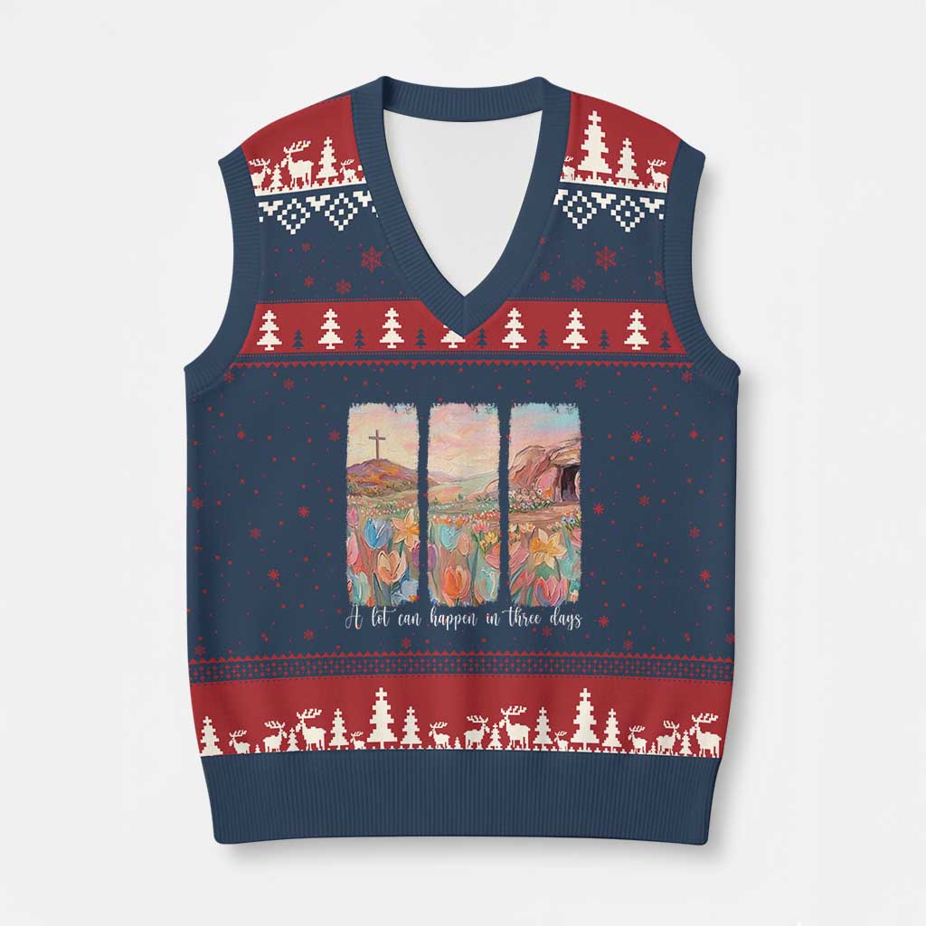 A Lot Can Happen In Three Days Christian Easter V-Neck Knit Sweater Vest Empty Tomb Cross Landscape Faith Inspirational Gift TS02 Navy Red Print Your Wear