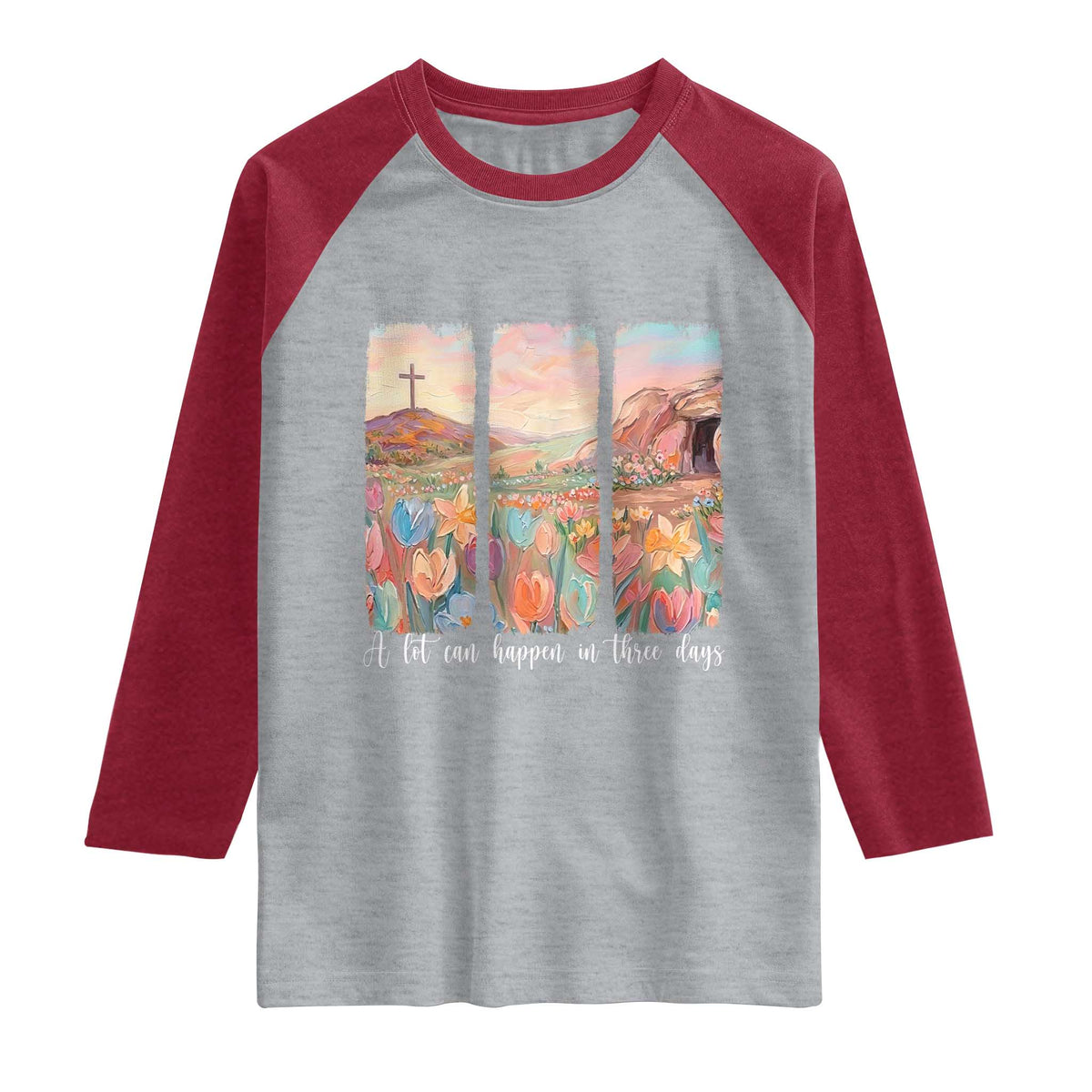 A Lot Can Happen In Three Days Christian Easter Raglan Shirt Empty Tomb Cross Landscape Faith Inspirational Gift TS02 Heather Gray Heather Red Print Your Wear