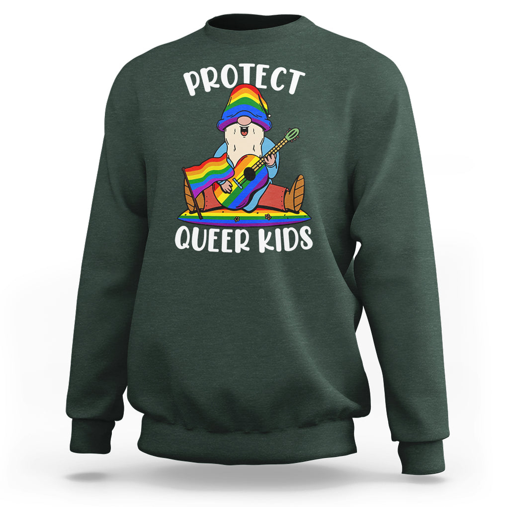 Protect Queer Kids Sweatshirt Gnome Ally LGBT Pride History Month Support TS02 Dark Forest Green Printyourwear