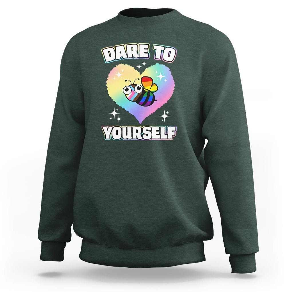 LGBT Cute Bee Sweatshirt Dare To Be Yourself LGBTQIA Gay Pride Flag TS02 Dark Forest Green Printyourwear