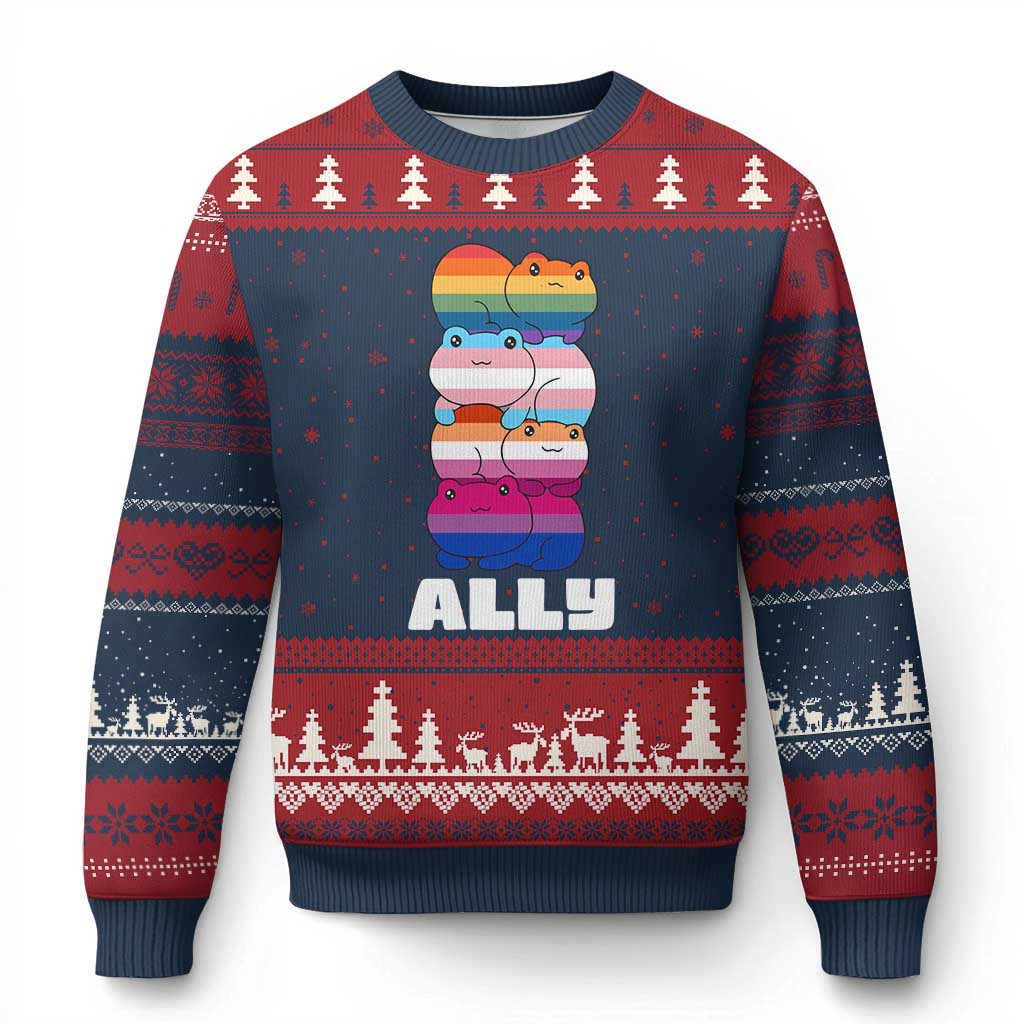 Colorful LGBTQ+ Ally Frogs Stack Ugly Christmas Sweater Kawaii Gay Pride Support TS02 Navy Red Print Your Wear