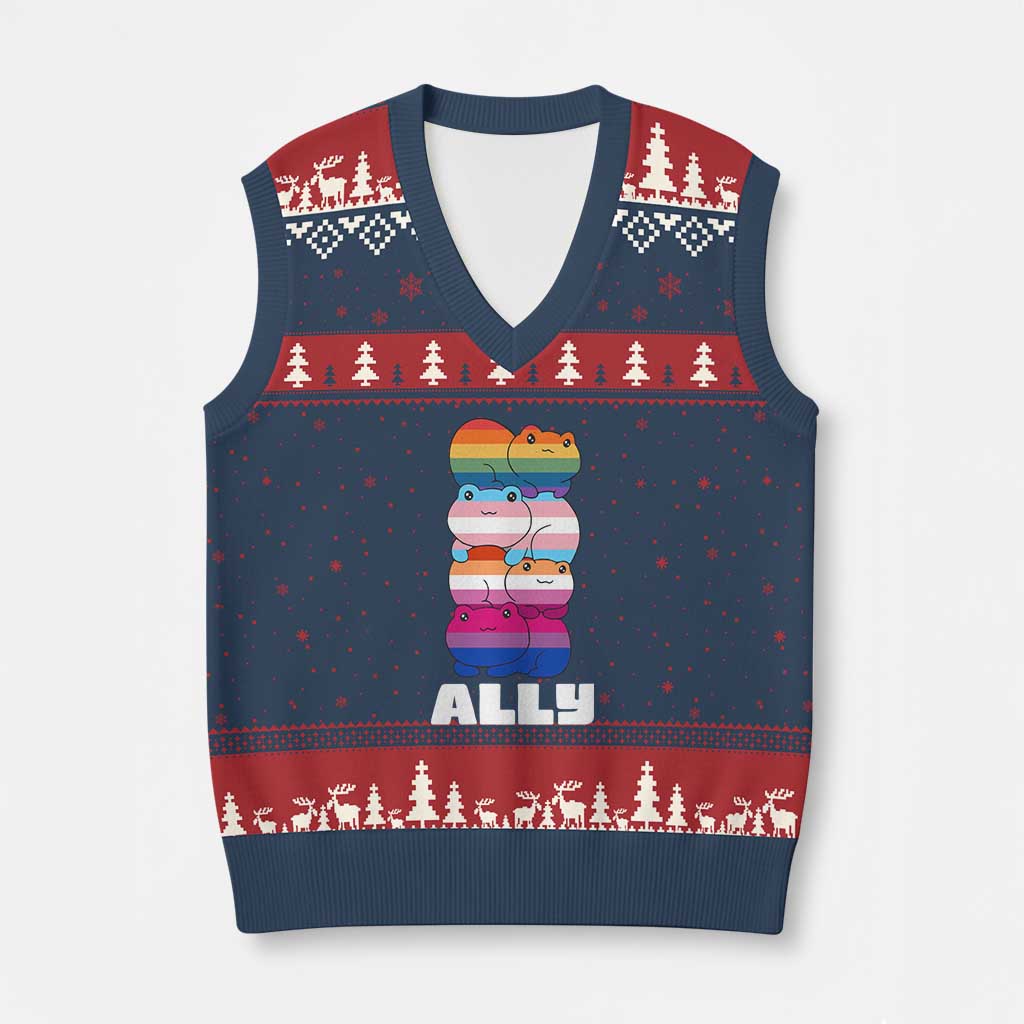 Colorful LGBTQ+ Ally Frogs Stack V-Neck Knit Sweater Vest Kawaii Gay Pride Support TS02 Navy Red Print Your Wear