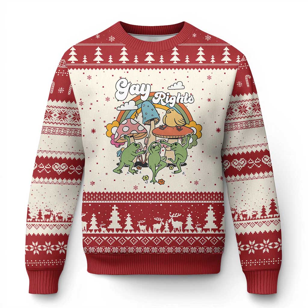 Cottagecore Dancing Frogs Ugly Christmas Sweater Say Gay Rainbow LGBT Pride Month TS02 Beige Red Print Your Wear
