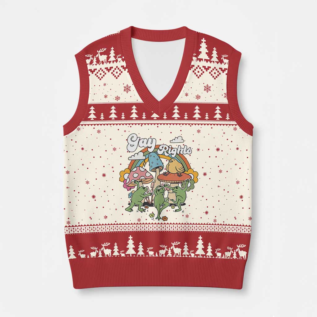 Cottagecore Dancing Frogs V-Neck Knit Sweater Vest Say Gay Rainbow LGBT Pride Month TS02 Beige Red Print Your Wear