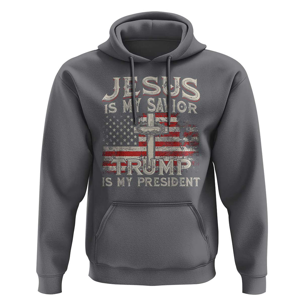 Christian Trump 2024 Hoodie Jesus Is My Savor Trump Is My President American Flag Cross TS02 Charcoal Print Your Wear