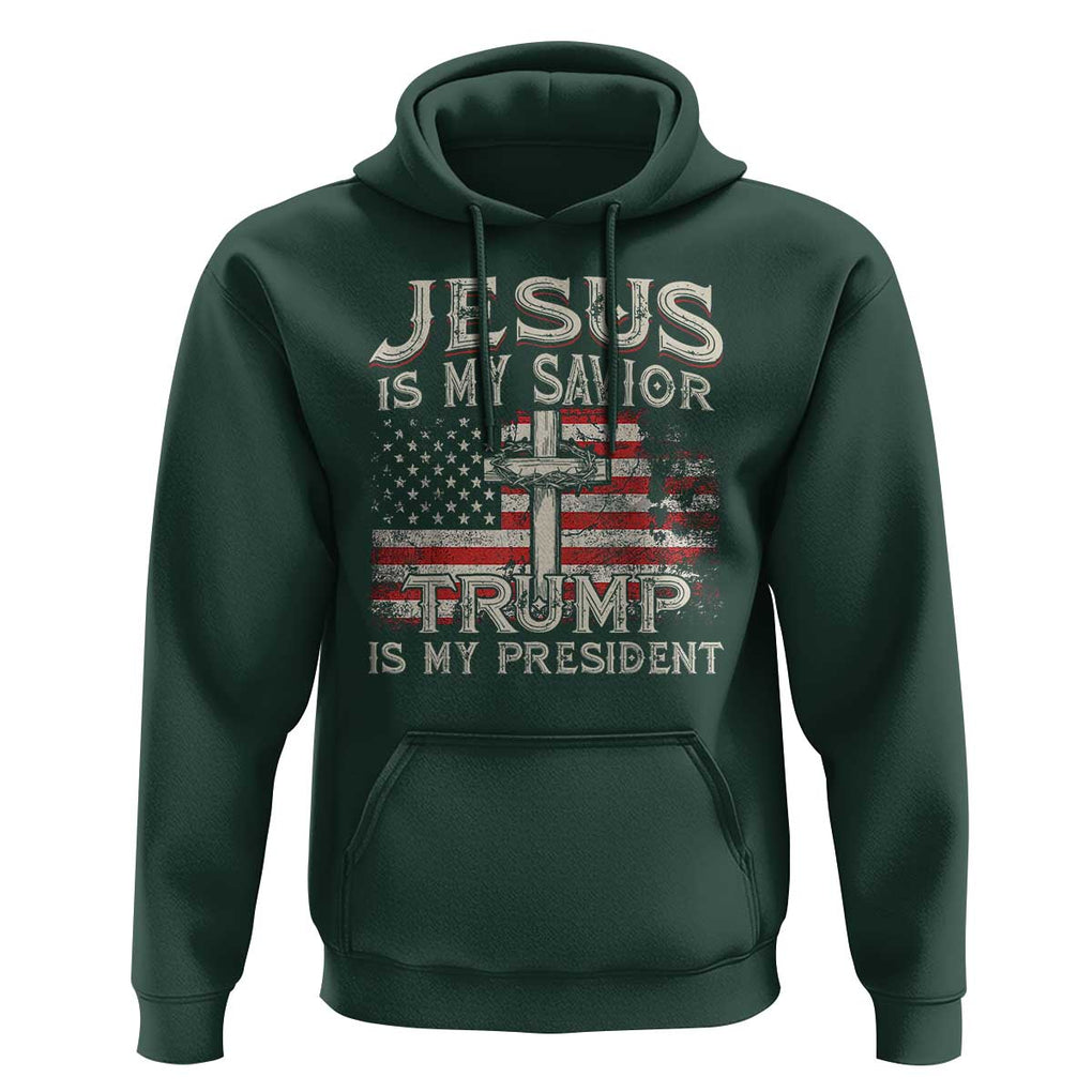 Christian Trump 2024 Hoodie Jesus Is My Savor Trump Is My President American Flag Cross TS02 Dark Forest Green Print Your Wear