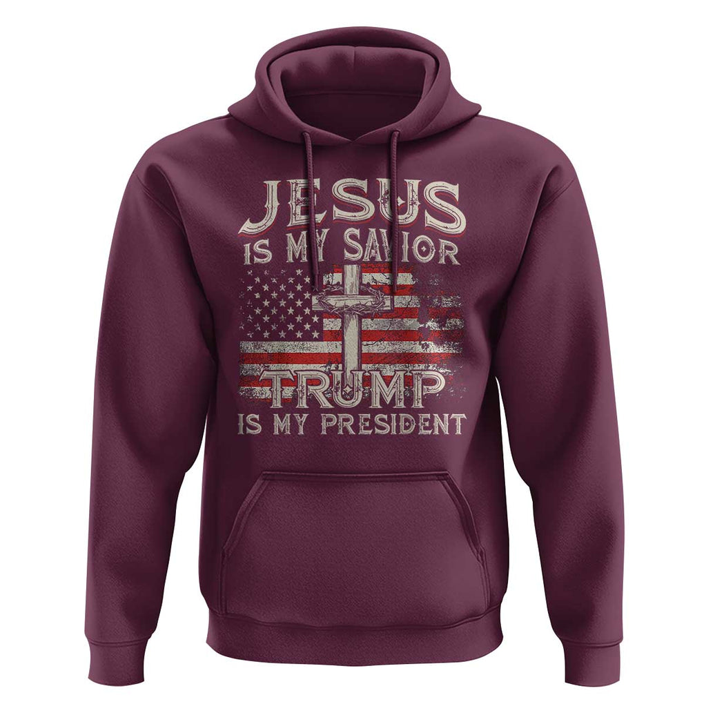 Christian Trump 2024 Hoodie Jesus Is My Savor Trump Is My President American Flag Cross TS02 Maroon Print Your Wear