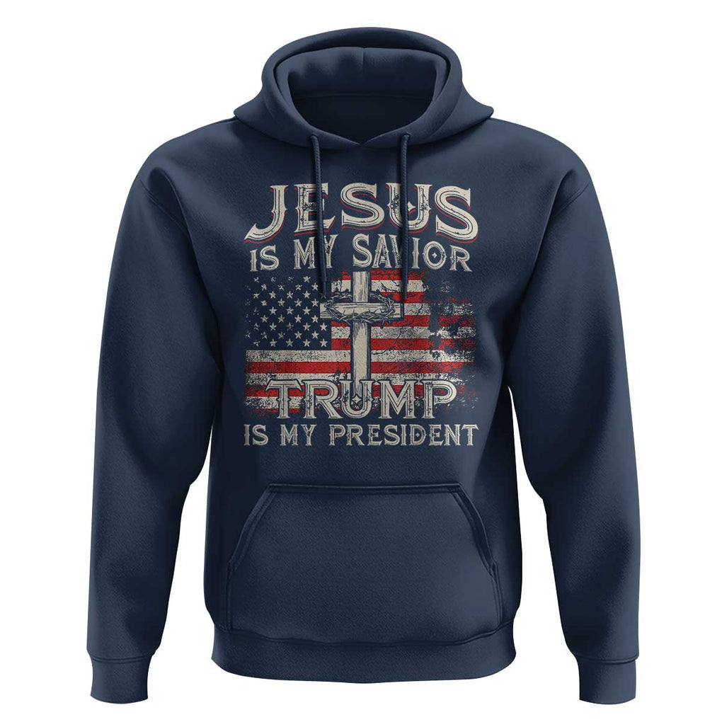 Christian Trump 2024 Hoodie Jesus Is My Savor Trump Is My President American Flag Cross TS02 Navy Print Your Wear
